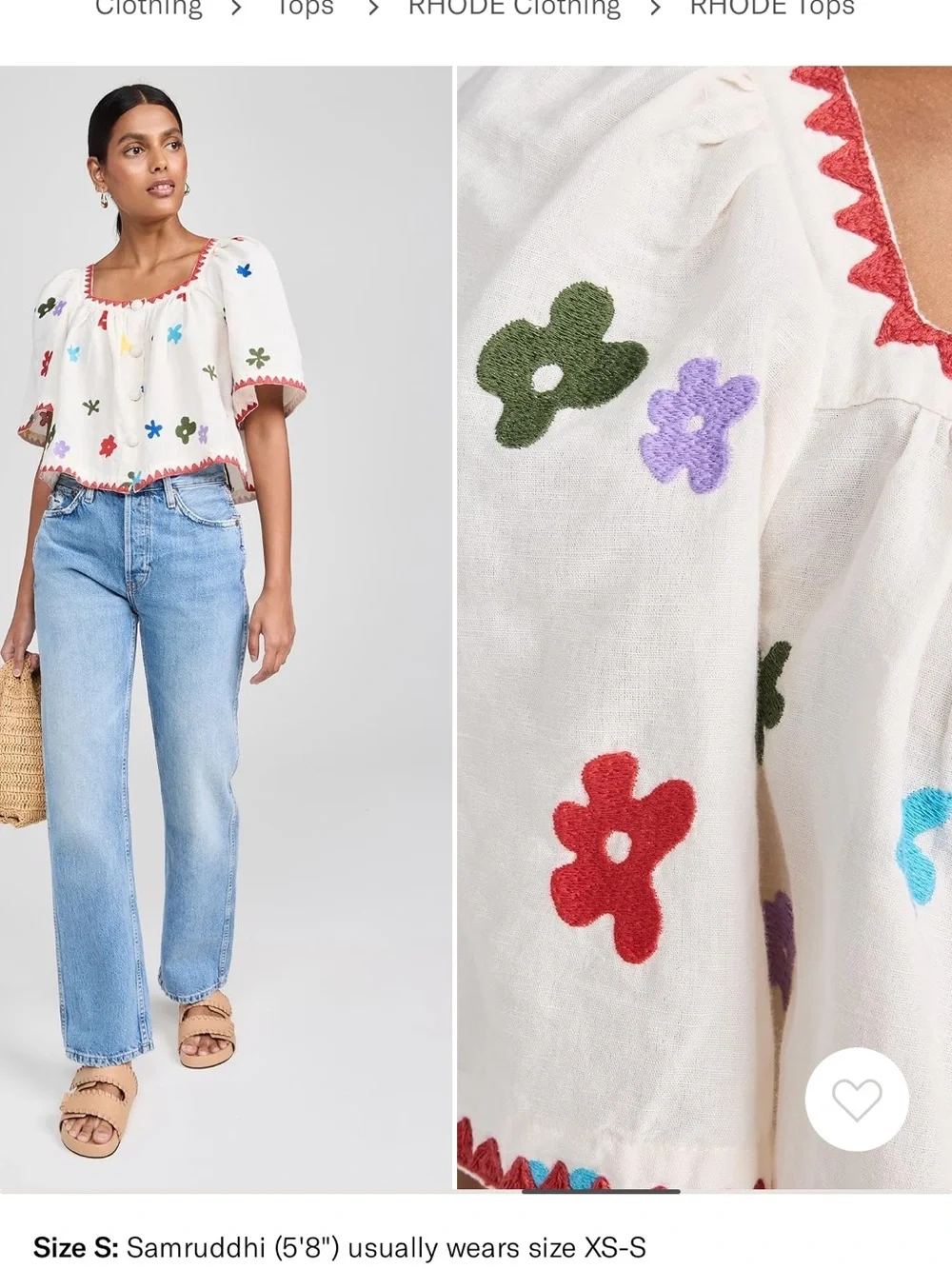 RHODE White Cropped Peasant Top with Multicolor Flower Embroidery - Picture 5 of 8